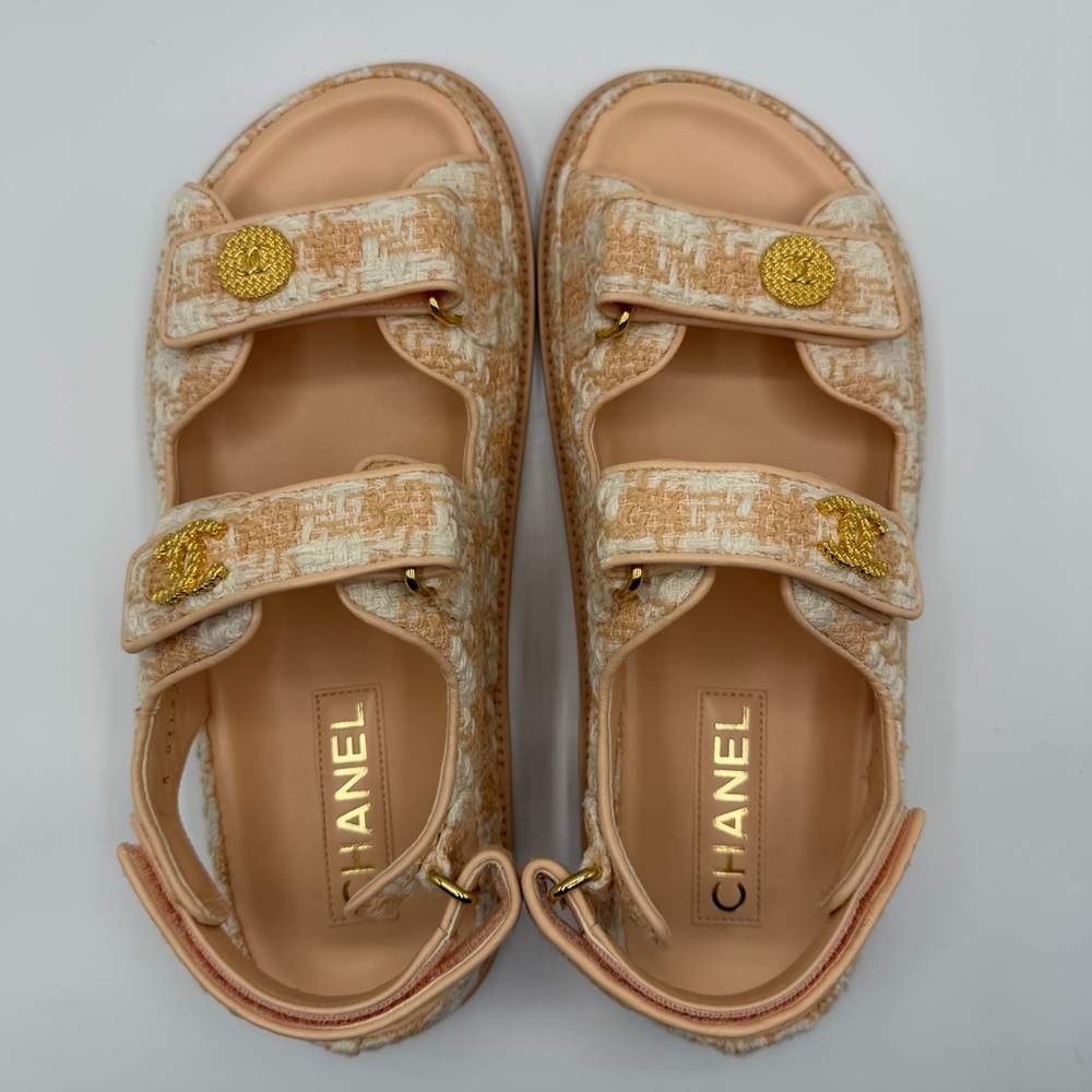 NIB NEW Chanel 2023 (23S) Orange Ecru Cotton Tweed CC Logo Gate Dad Sandals